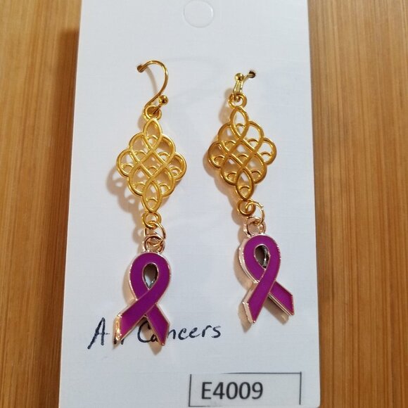 Hand Crafted Cancer Awareness Drop Pierced Earrings Lavender All Cancers - Picture 3 of 7